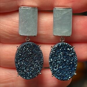 Gorgeous Sparkly Blue Chalcedony and Druzy Sterling Silver Dangle Earrings